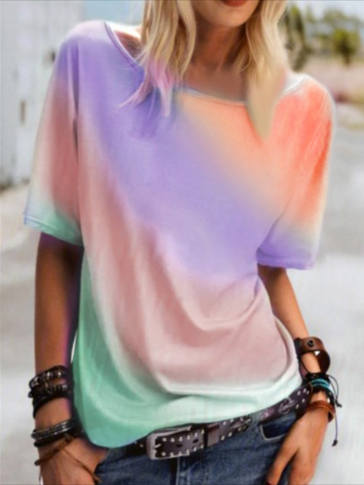 Gradient Print Crew Neck T-Shirt, Casual Short Sleeve T-Shirt