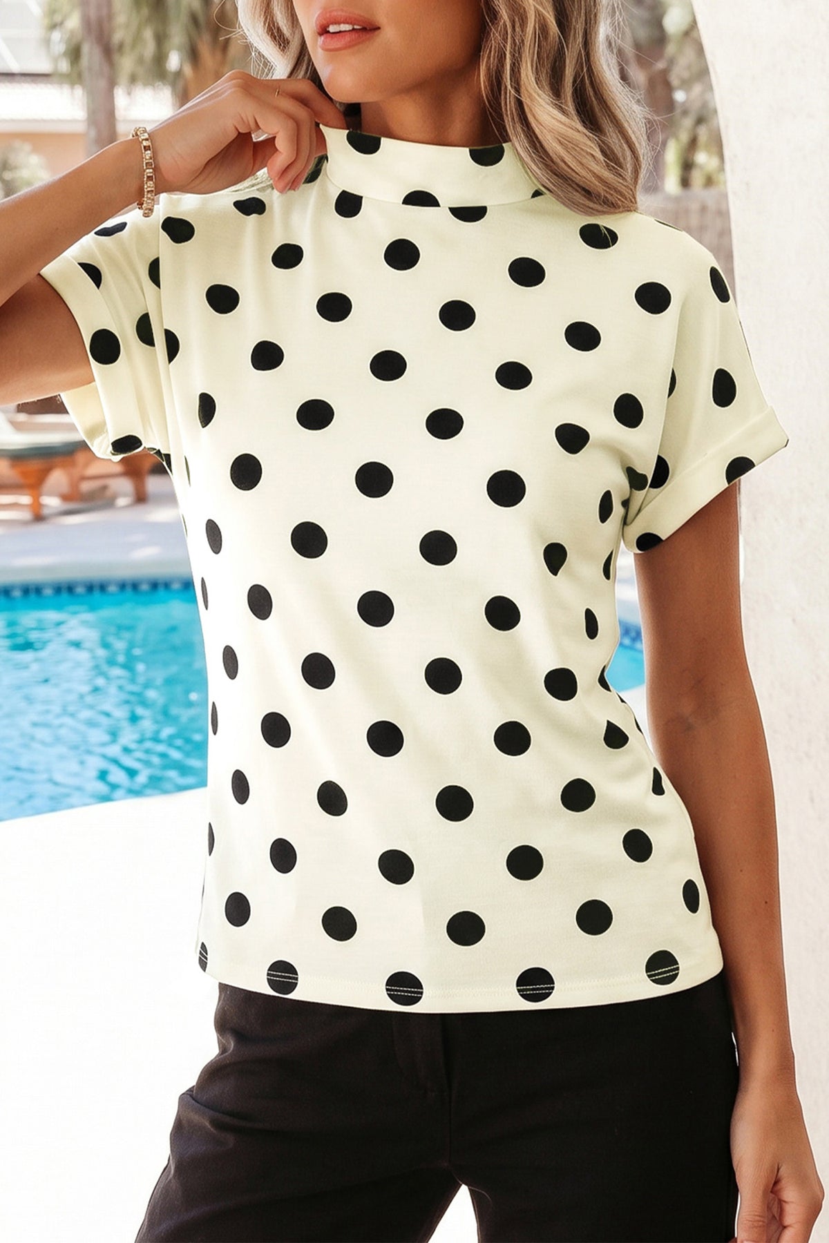 Beige Polka Dot Print High Neck Dolman Top