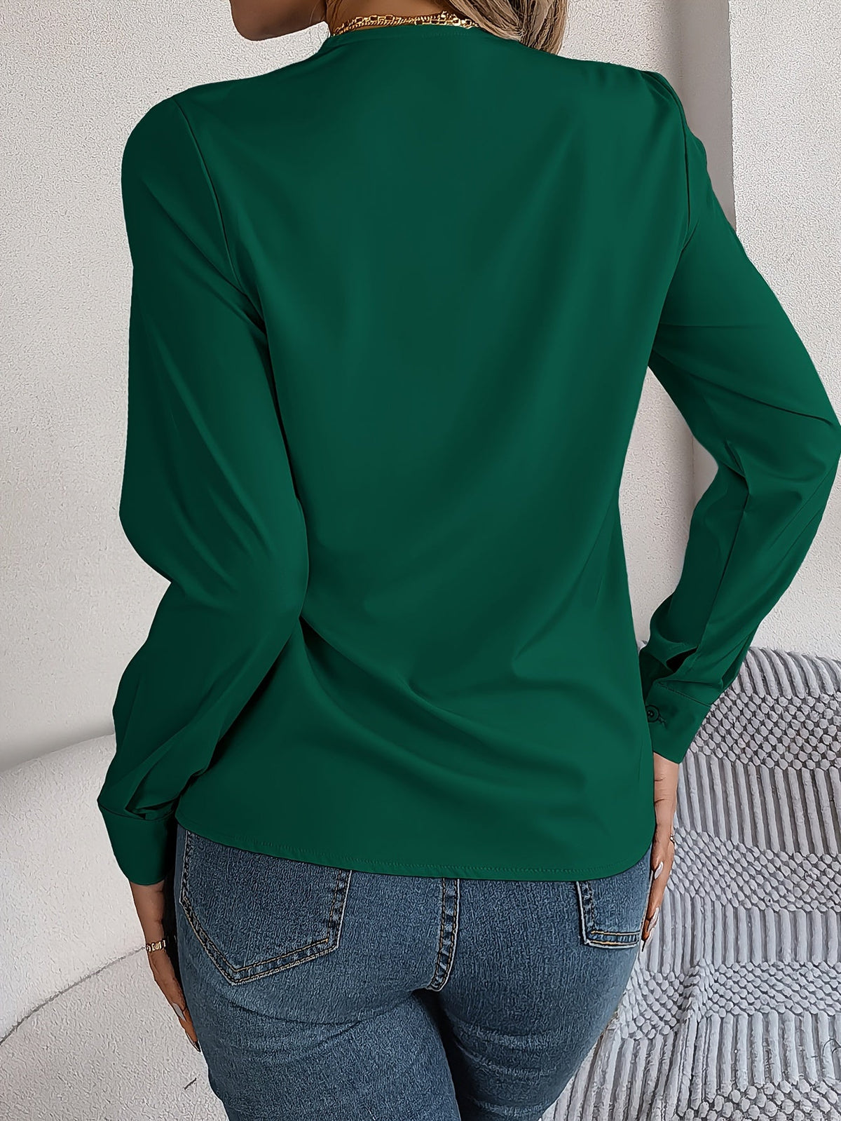 Solid Color V Neck Blouse, Elegant Long Sleeve Blouse
