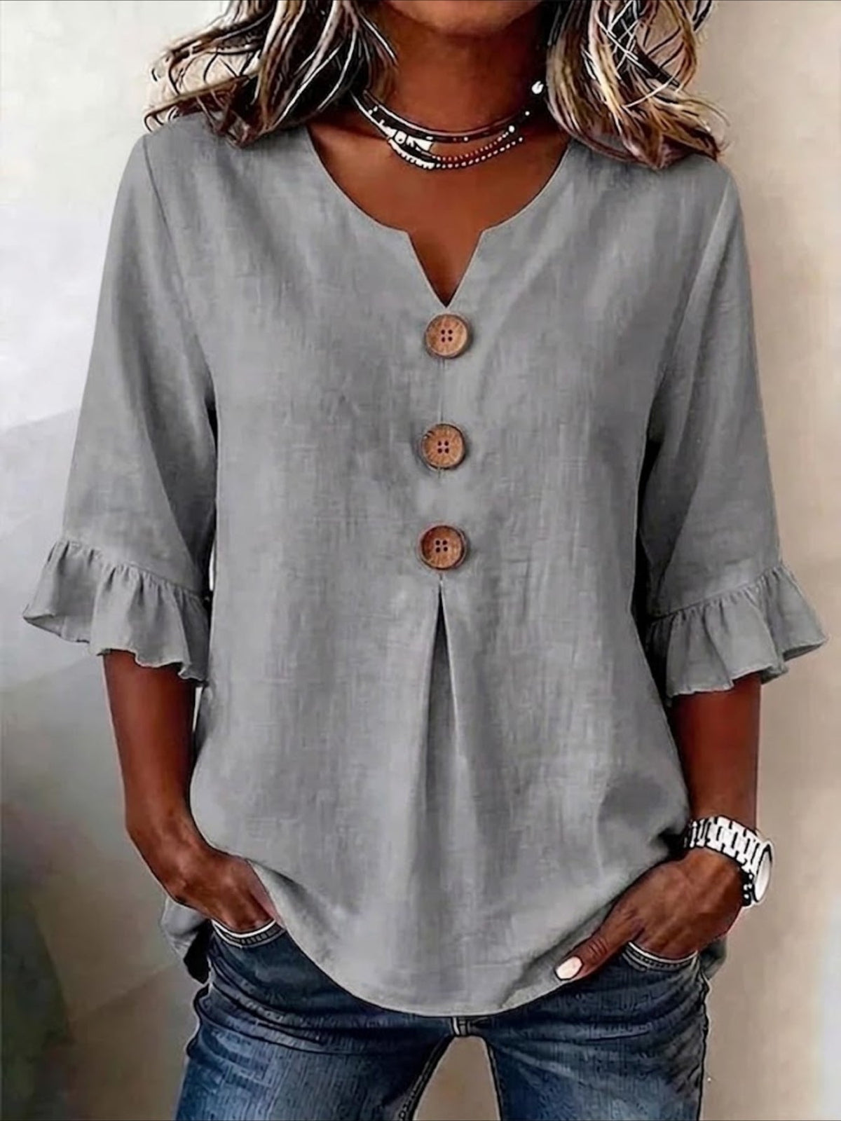 Solid Color Floral V Neck Button Short Ruffle Sleeve Casual Top