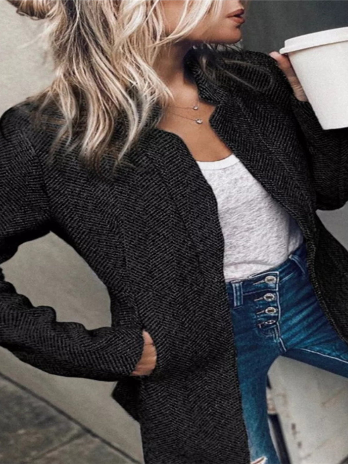 Stylish Marled Open Front Long Sleeve Blazer - Ladies Blazer with Slim Fit Design