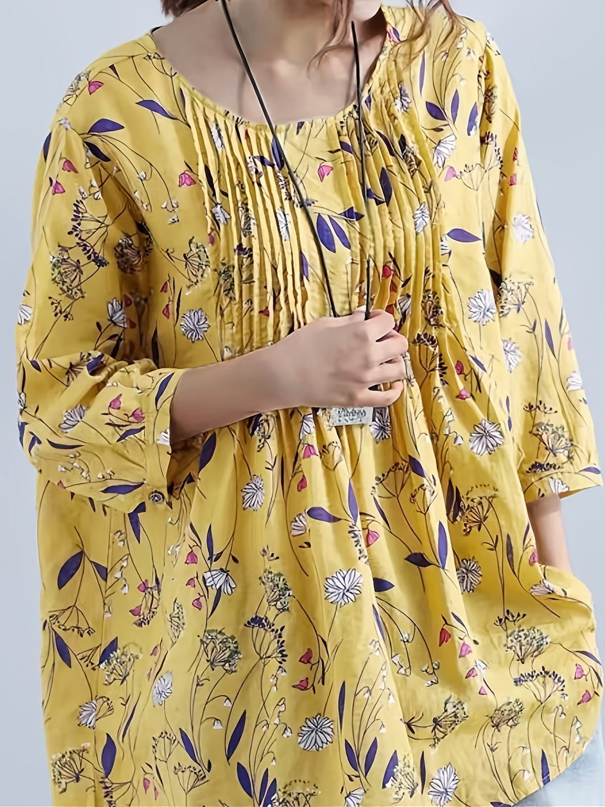 Floral Print Shirt - 3/4 Sleeve, Shirred Round Neck, Loose Fit, Ruffled Blouse