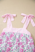 Pink Floral Print Striped Patchwork Bow Knot Straps Mini Dress
