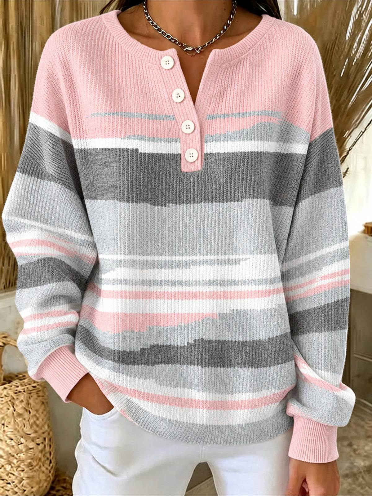 Abstract V Neck Button Long Sleeve T-Shirt