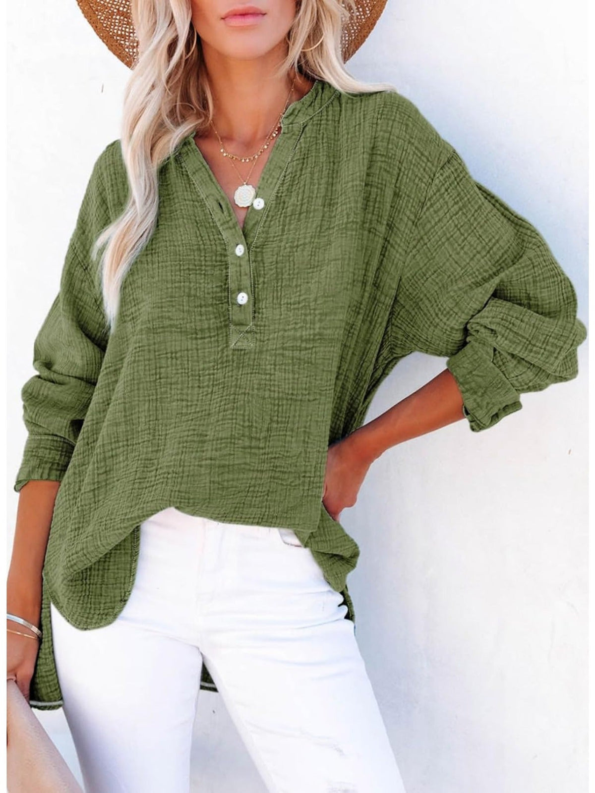 Long Sleeve Button Solid Color Pleated Detail Casual Oversized V-Neck Blouse