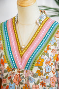 Multicolour Crochet V Neckline Puff Sleeve Boho Flower Blouse