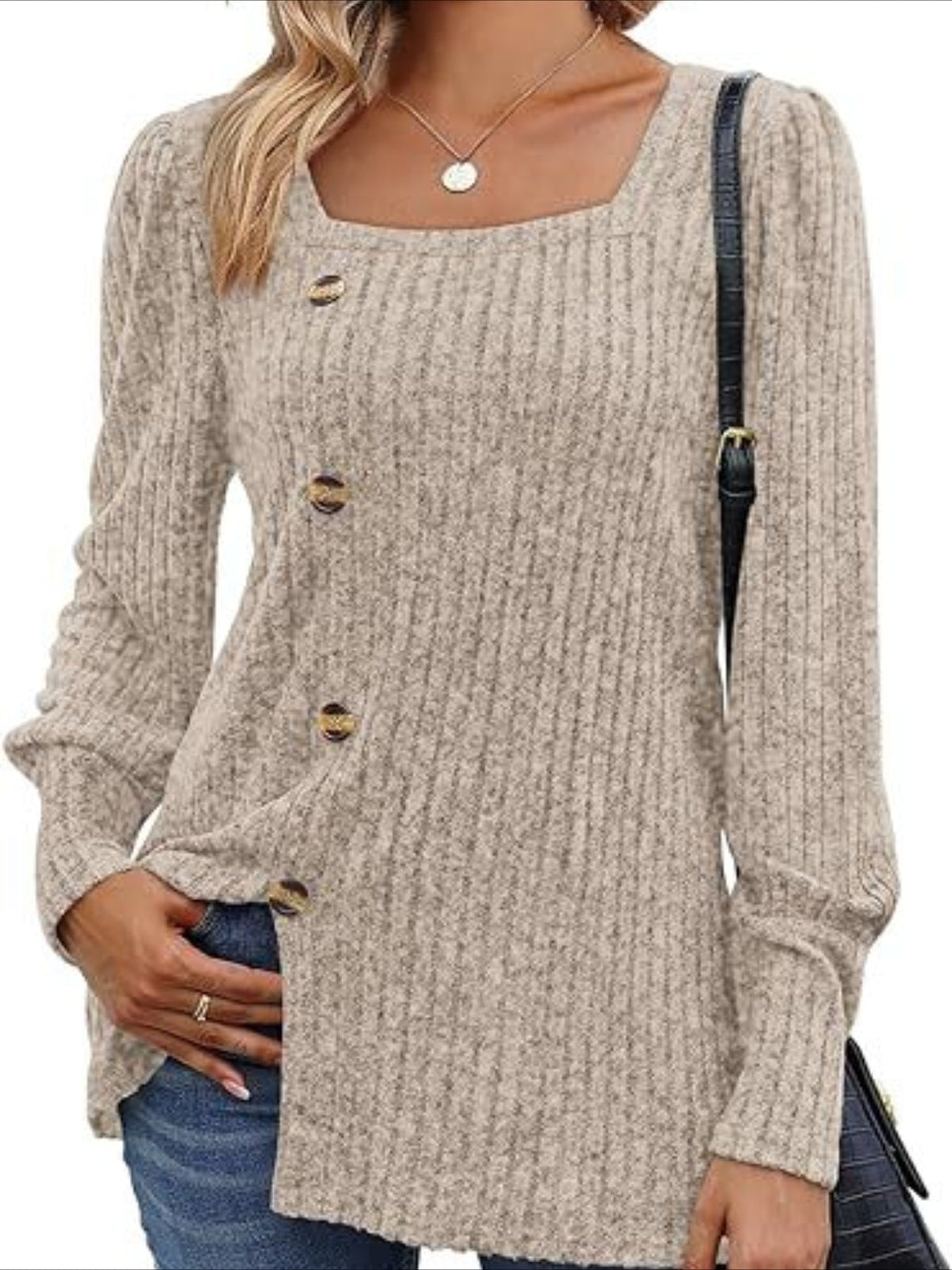 Chic Square Neck Rib Knit Sweater - Casual Comfort with Stylish Button Detail, Long Sleeve Split Design