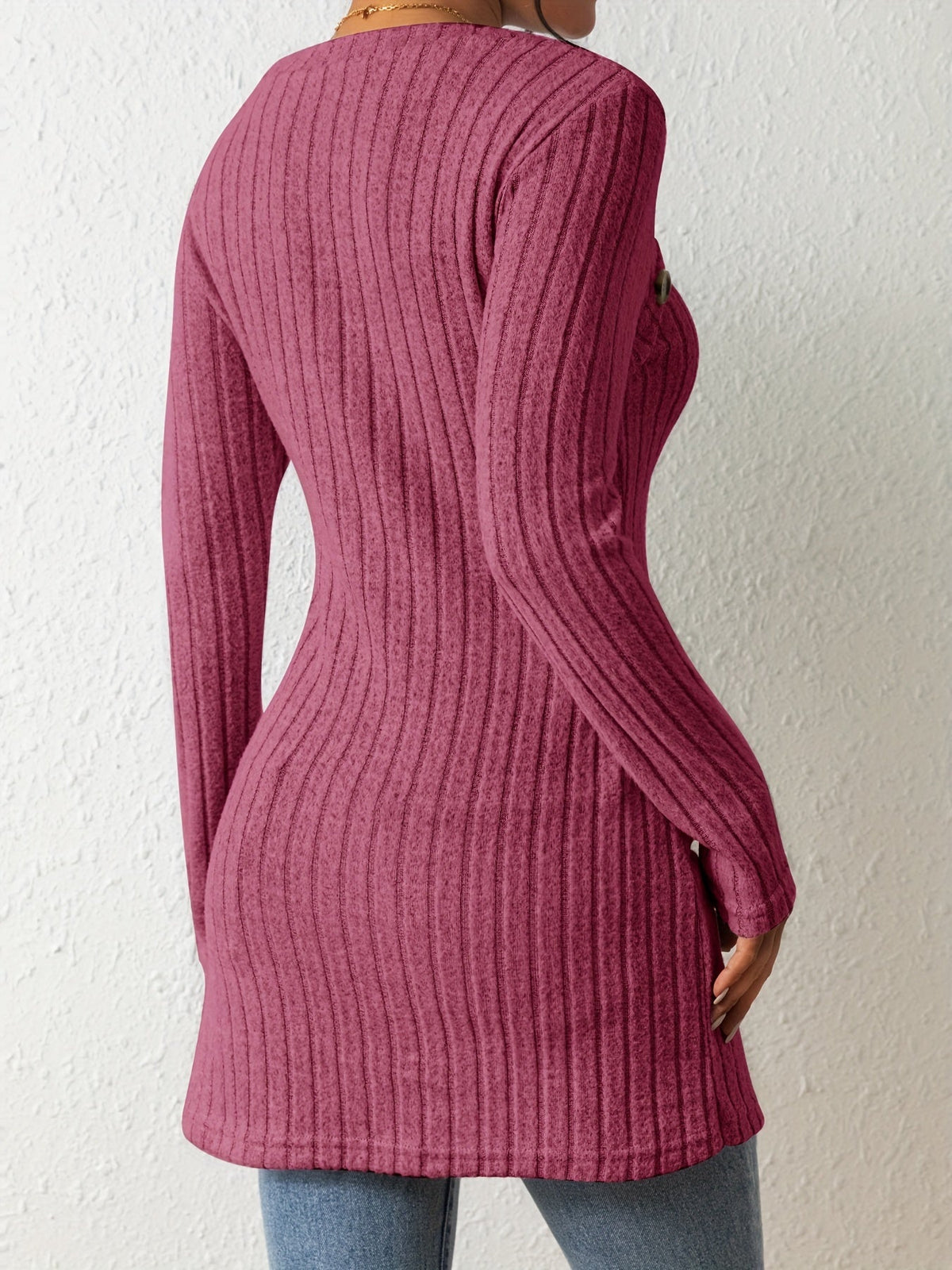 Button Decor Asymmetrical Hem T-Shirt, Casual Ribbed Long Sleeve Top