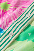 Green Stripe Floral Print Striped Trim Button Down Short Sleeve Vacation Dress