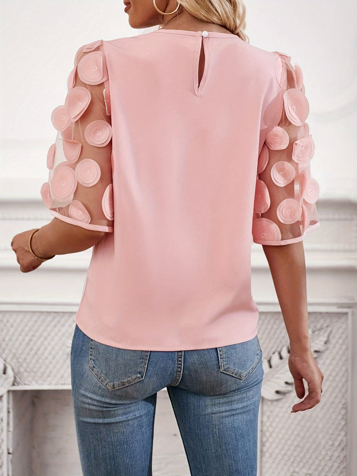 Women's Solid Applique Blouse with Half Sleeves and Mesh Splicing