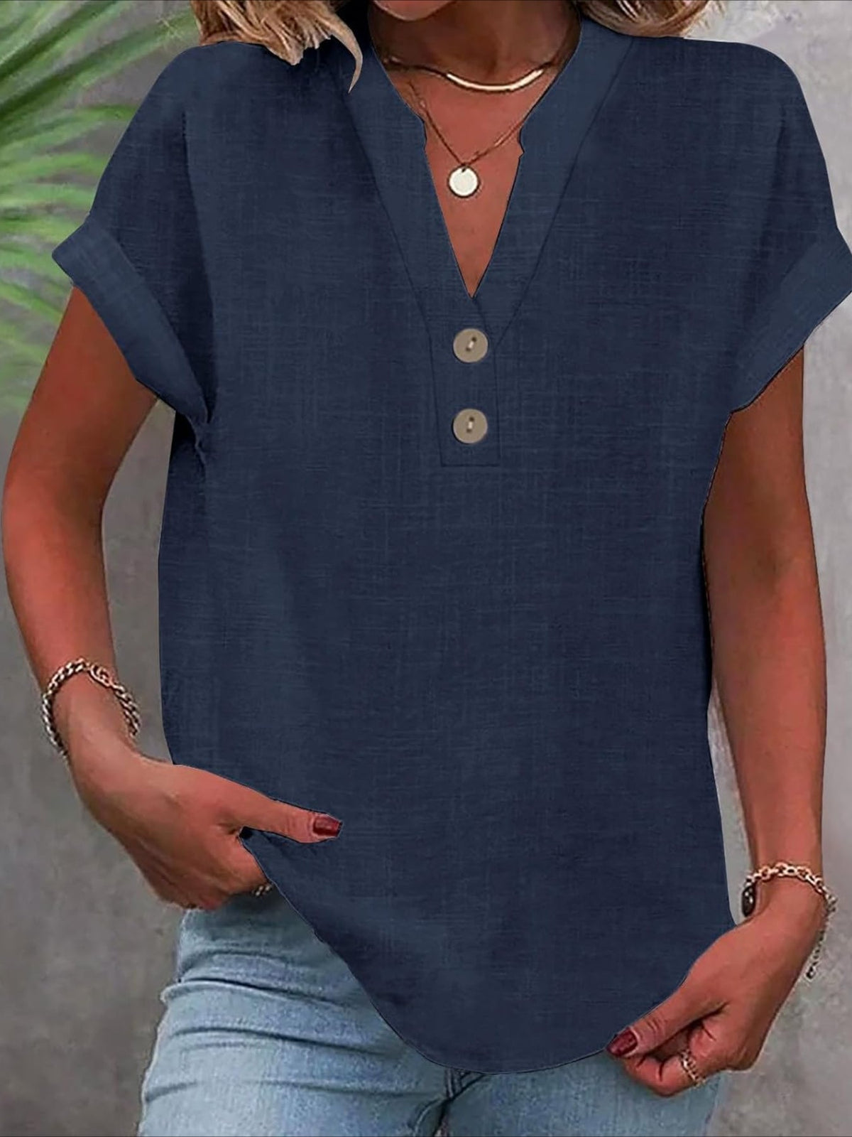 Solid Color V Neck Short Sleeve Button Down T Shirts