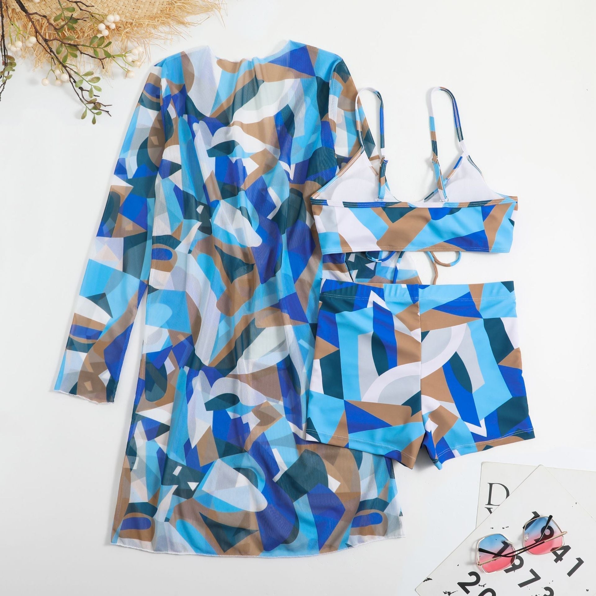 3pack Allover Print Drawstring Ruched Bikini Swimsuit