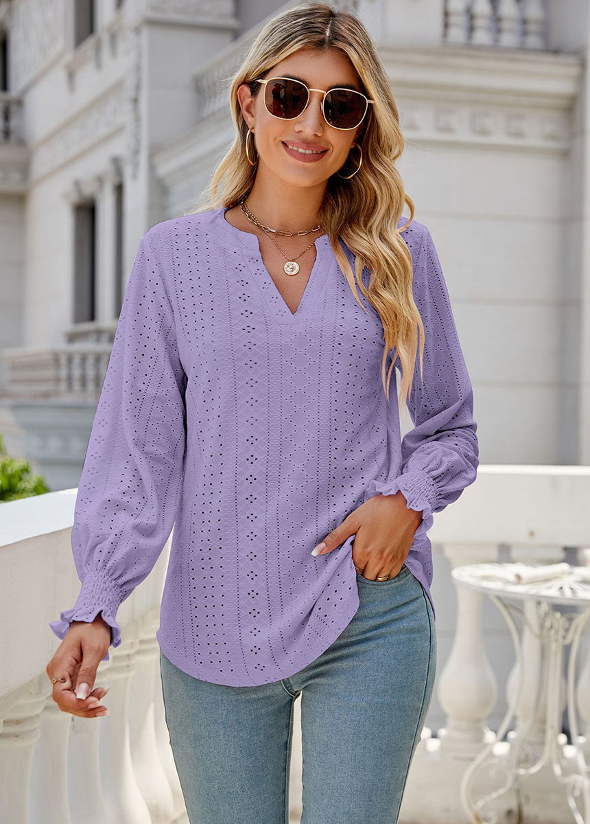 Solid Color Hollow Pleated Ruffle Sleeve V-Neck Loose Long Sleeve Top