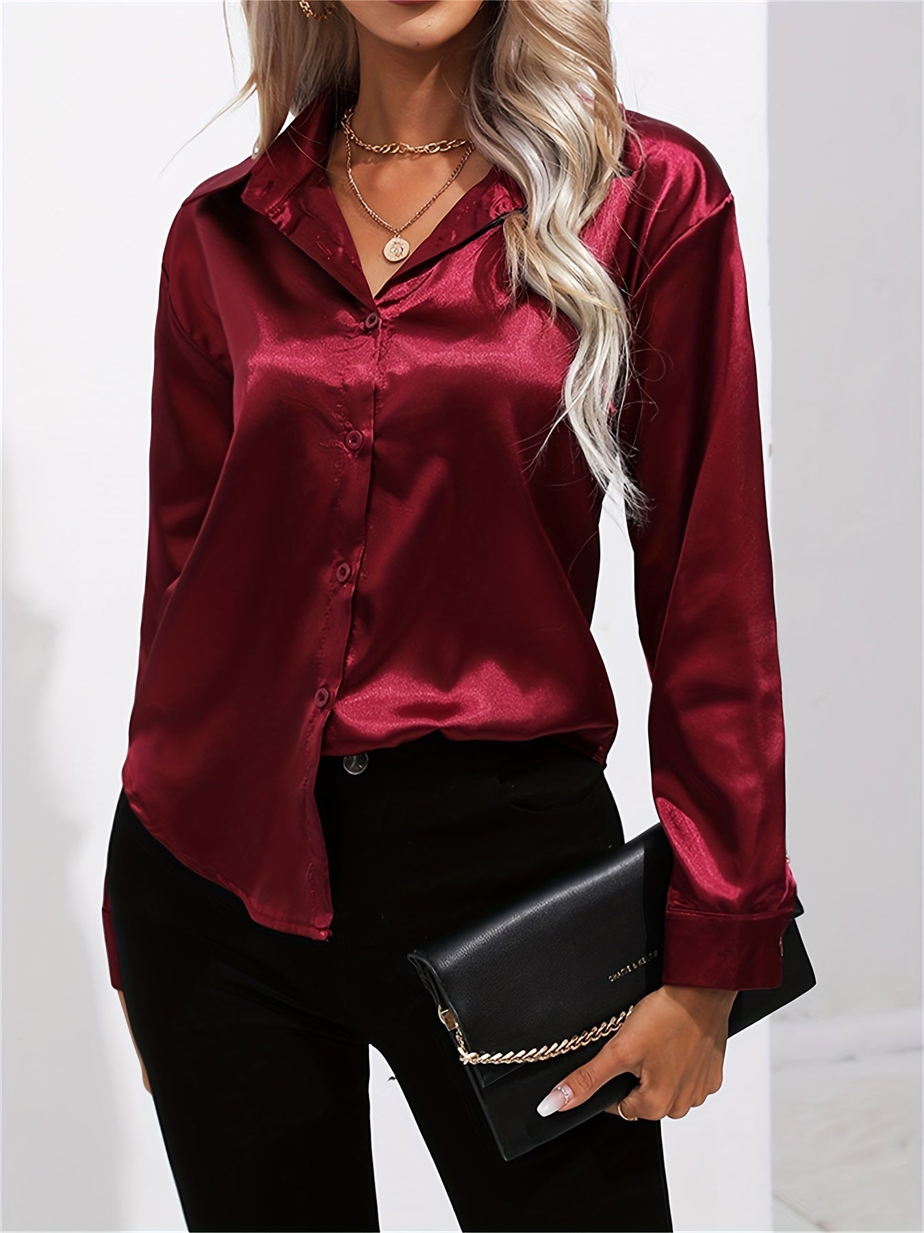 Lapel-collar Satin-satin-faux Silk Long-sleeved Shirt
