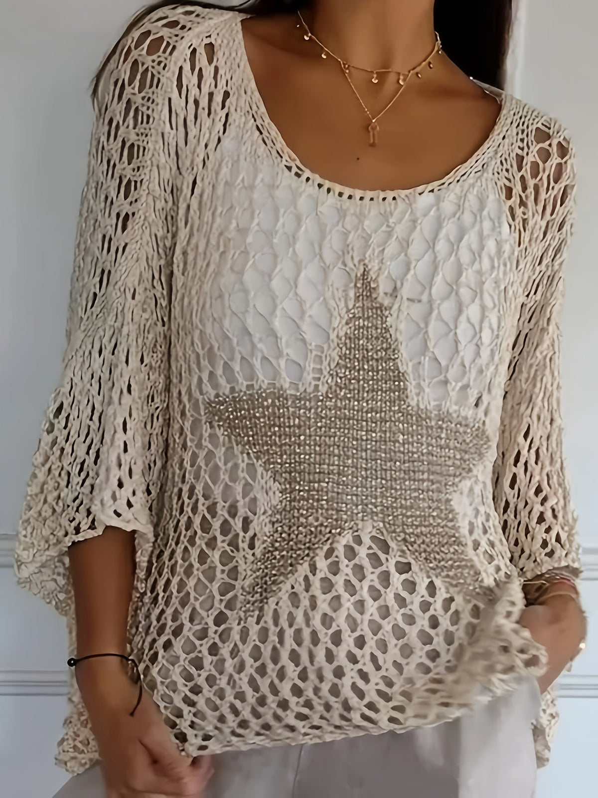 Loose Hollow Knit Star Cardigan Round Neck Sun Protection Shirt