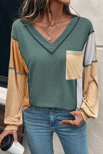 Four Leaf Clover Exposed Stitching Colorblock V Neck Long Sleeve Top