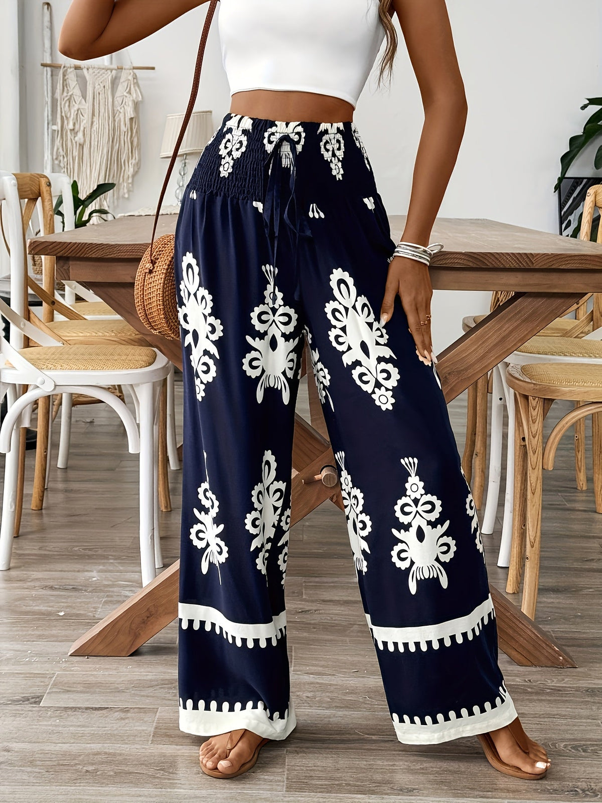 Elegant High-Waisted Chic Green Floral Print Wide-Leg Pants for Women