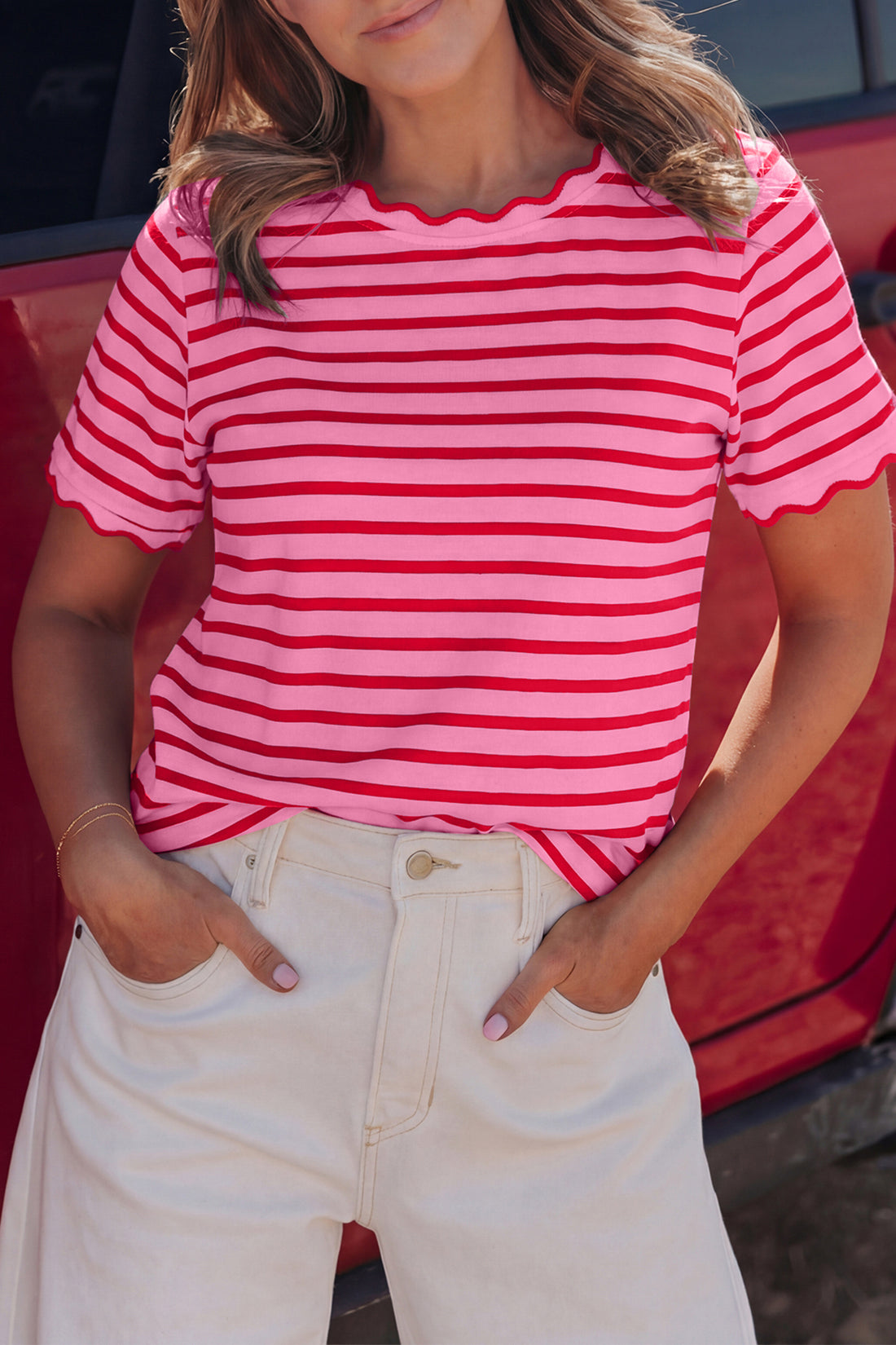 Pink Stripe Scalloped Trim Round Neck T Shirt