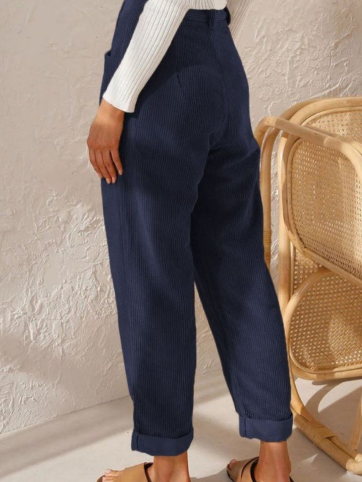 Women's High-Waist Corduroy Pants - Casual Solid Color, Loose Fit Straight Leg with Pockets