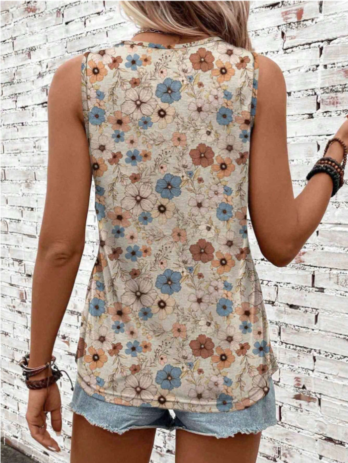 Casual Retro Floral Pattern Round Neck Tank Top