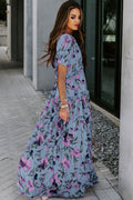 Sky Blue Fiery Floral Print Frilled V Neck Short Sleeve Maxi Dress