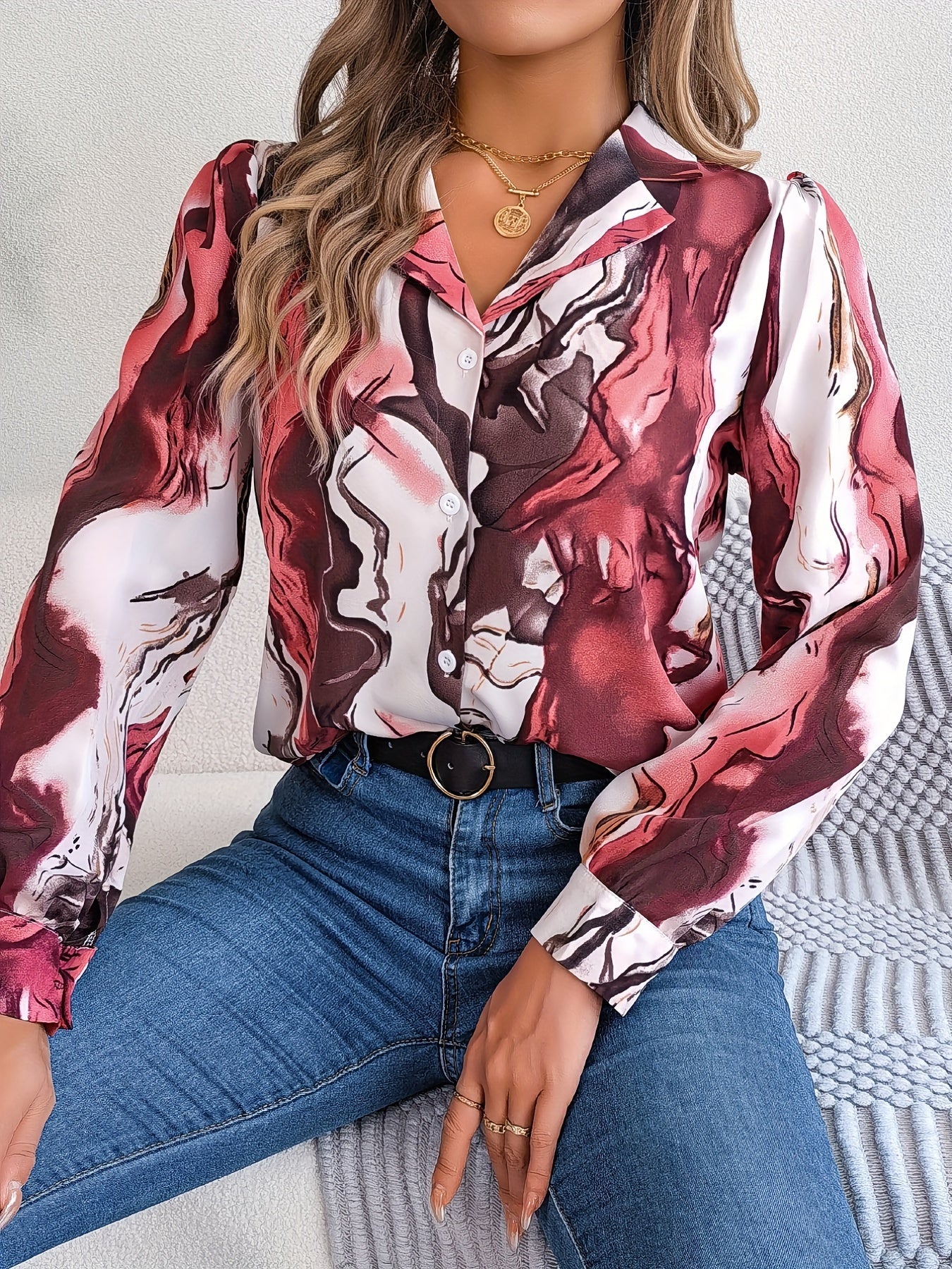 Graphic Print Button Front Shirt, Casual Long Sleeve Shirt