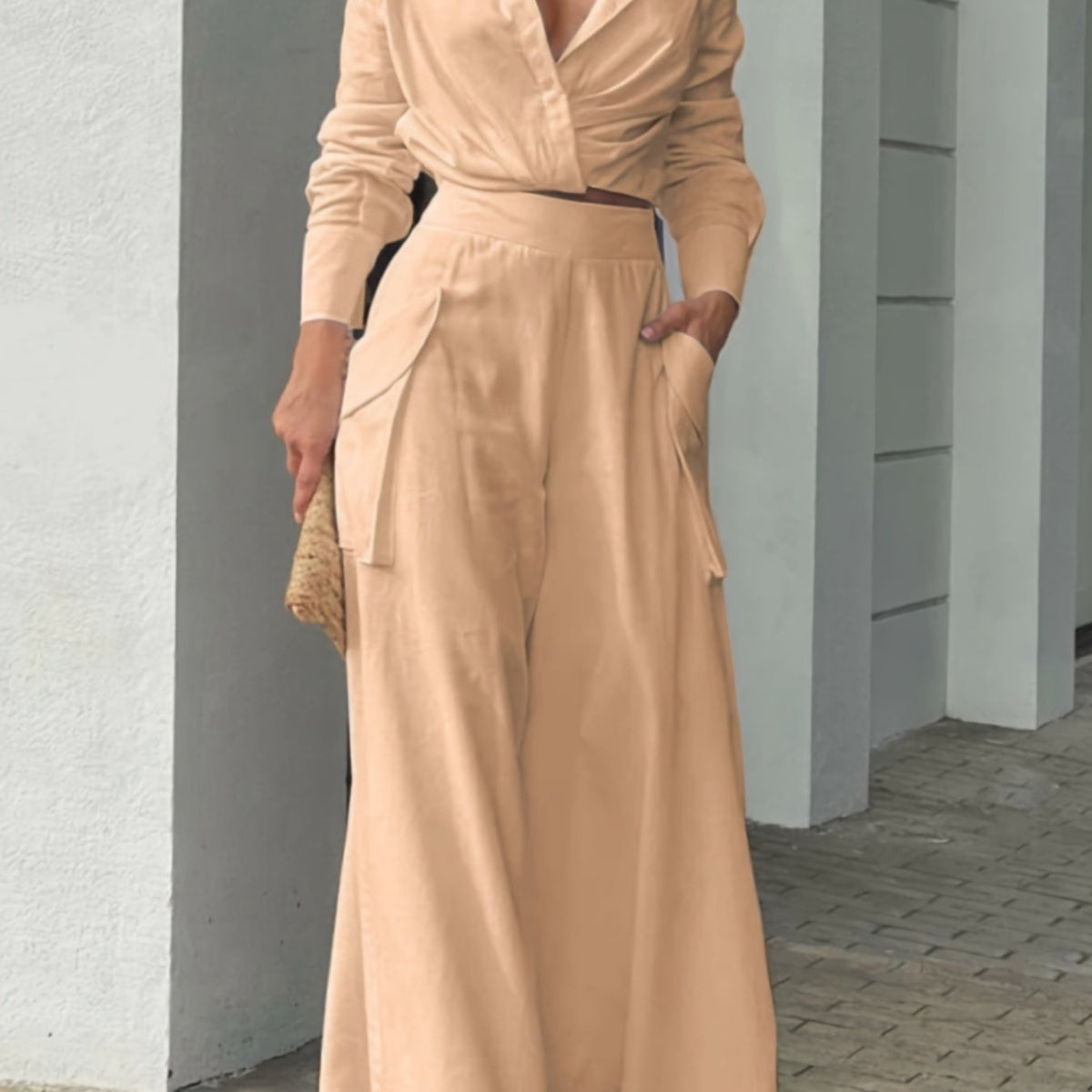 Women's Spring & Fall Loose Two-piece Set, Elegant Solid High Waist Pants And Long Sleeve Top