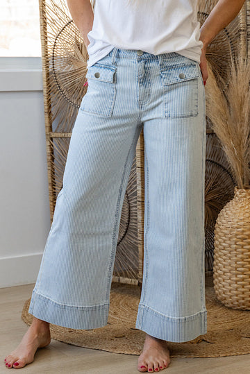 Sky Blue Stripe Button Flap Pocket Cuffed Hem Wide Leg Jeans