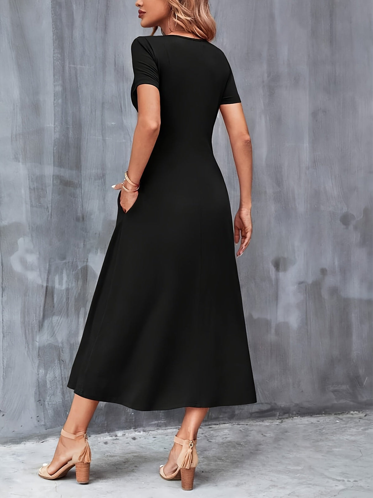 V-Neck A-Line Dress with Pockets - Elegant, Comfortable, Casual Polyester Blend