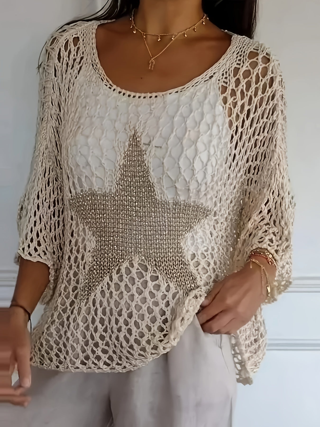 Loose Hollow Knit Star Cardigan Round Neck Sun Protection Shirt