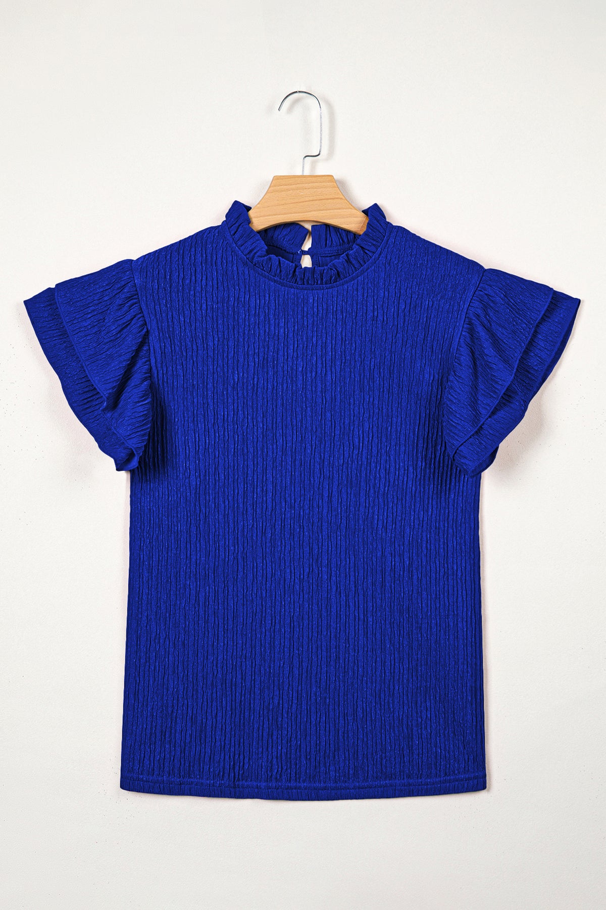 Dark Blue Solid Color Textured Ruffle Trim Short Sleeve Blouse