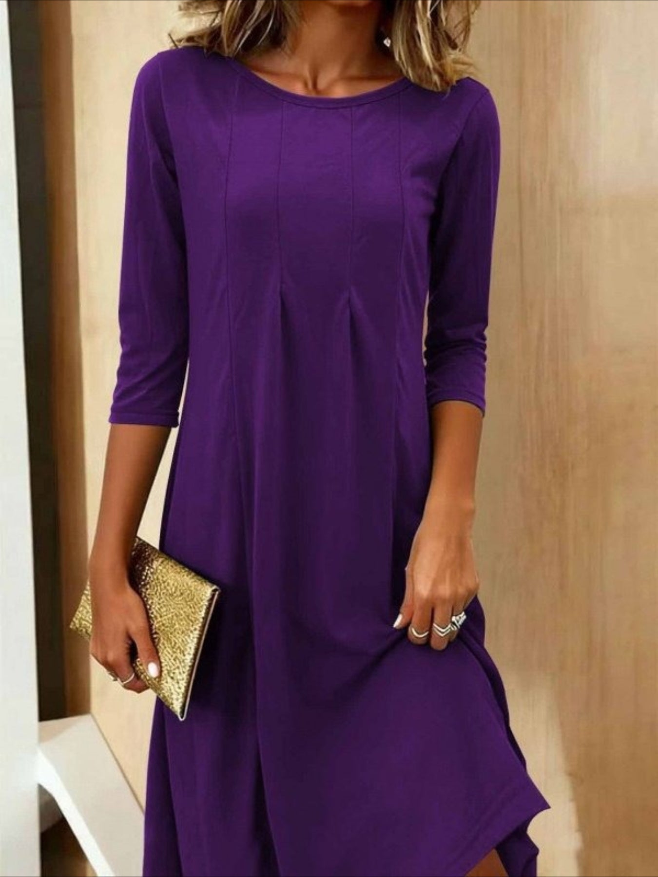 Plain Three Quarter Sleeve Spring/Fall Split Joint Crew Neck Daily Casual Midi Tunic A-Line Dress