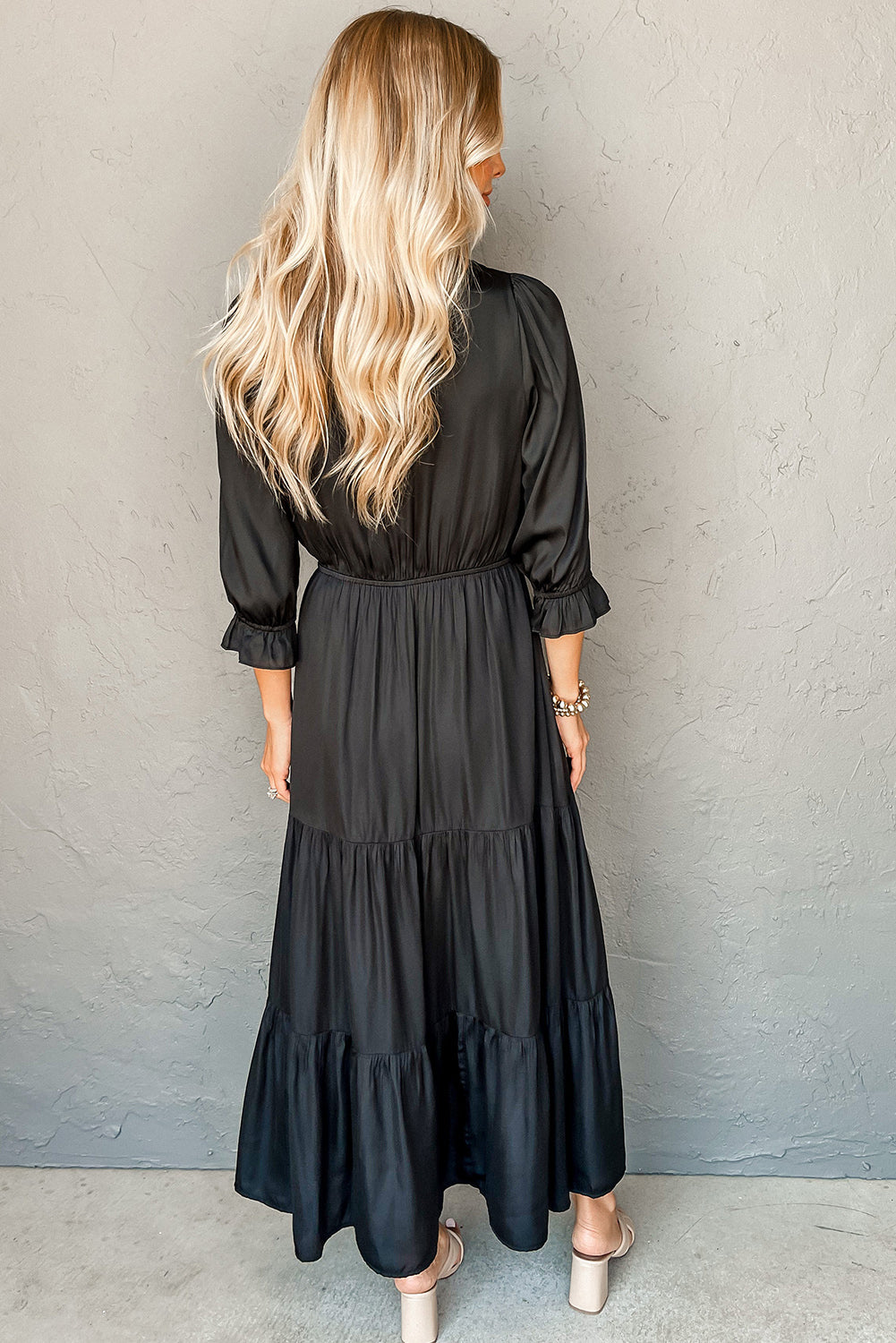 Black Flounced Bracelet Sleeve V Neck Tiered Maxi Dress