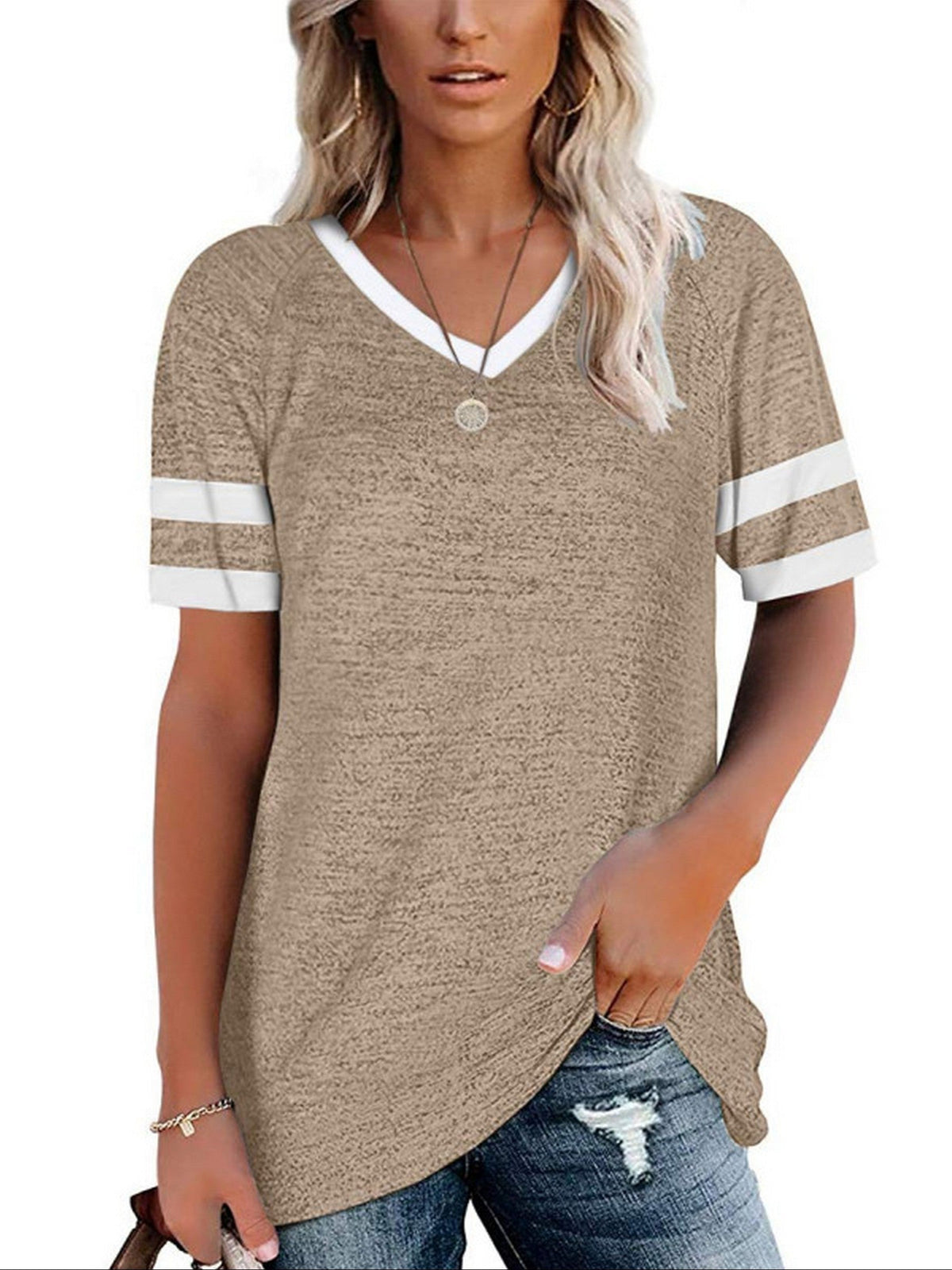 Women's T-shirt Casual V Neck Short Sleeve Loose Fashion Summer T-shirt