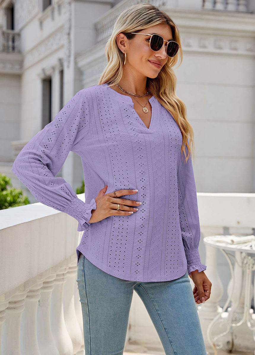 Solid Color Hollow Pleated Ruffle Sleeve V-Neck Loose Long Sleeve Top