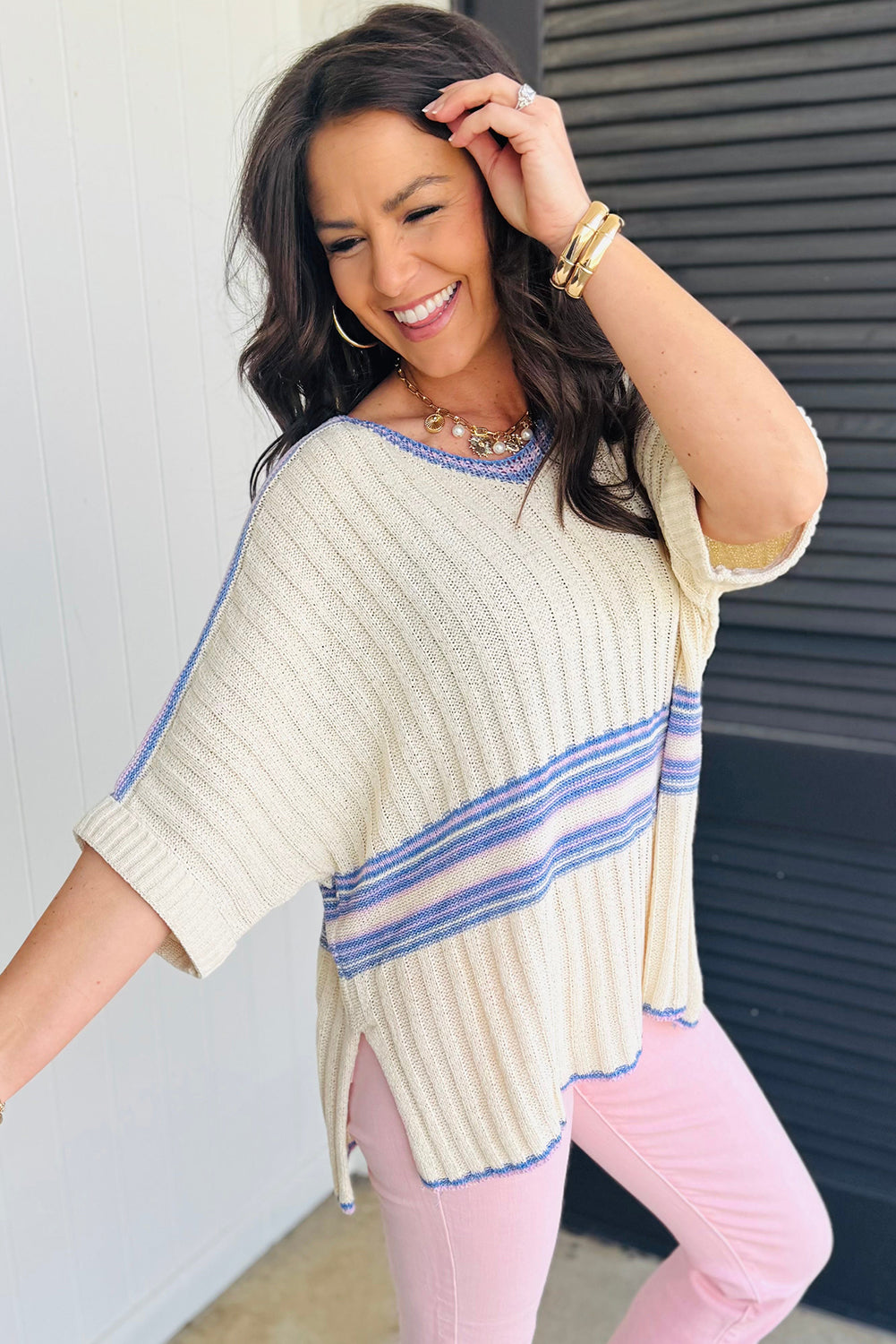 White Striped V Neck Dolman Sleeve Rib Knit Oversized Sweater with Slits