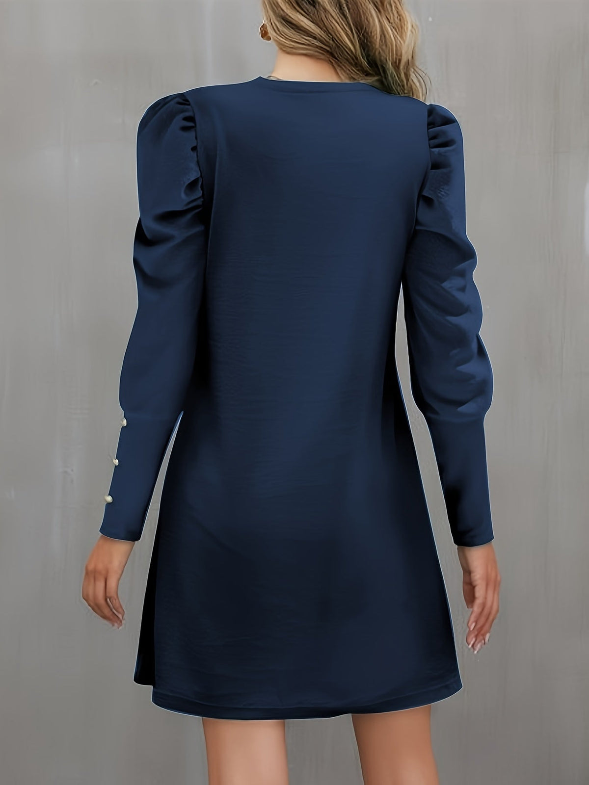 Solid Crew Neck Dress, Elegant Puff Sleeve Button Decor Dress