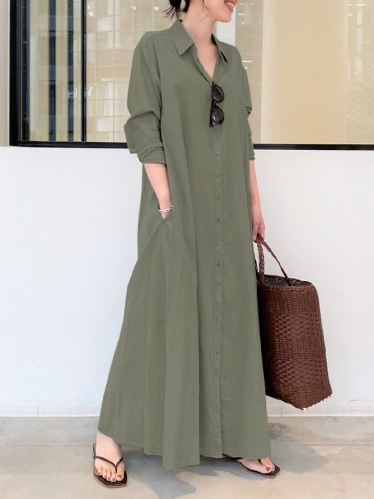 Solid Color Single Breasted Simple Dress, Elegant Long Sleeve Maxi Loose Dress