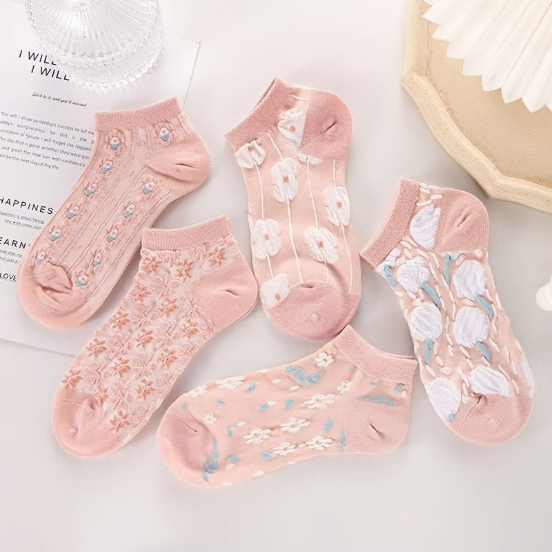 5 Pairs Kawaii Harajuku Flower Printed Socks, Cute JK Low Cut Short Crew Elastic Socks Soft Breathable Sock