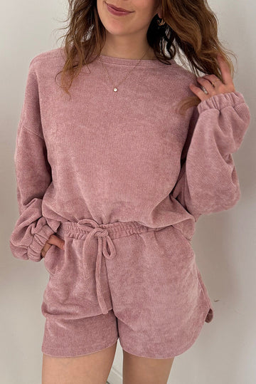 Fushia Solid Color Textured Knit Drop Shoulder Pullover Drawstring Shorts Set
