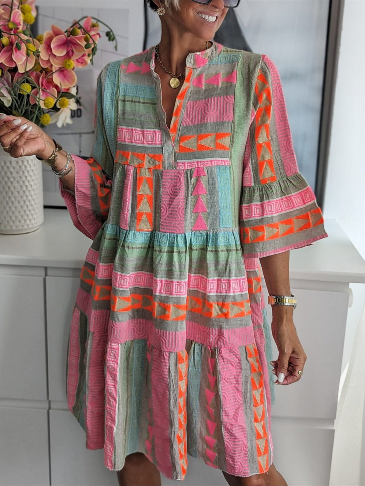 Fresh Print 3/4 Sleeve Mini Dress