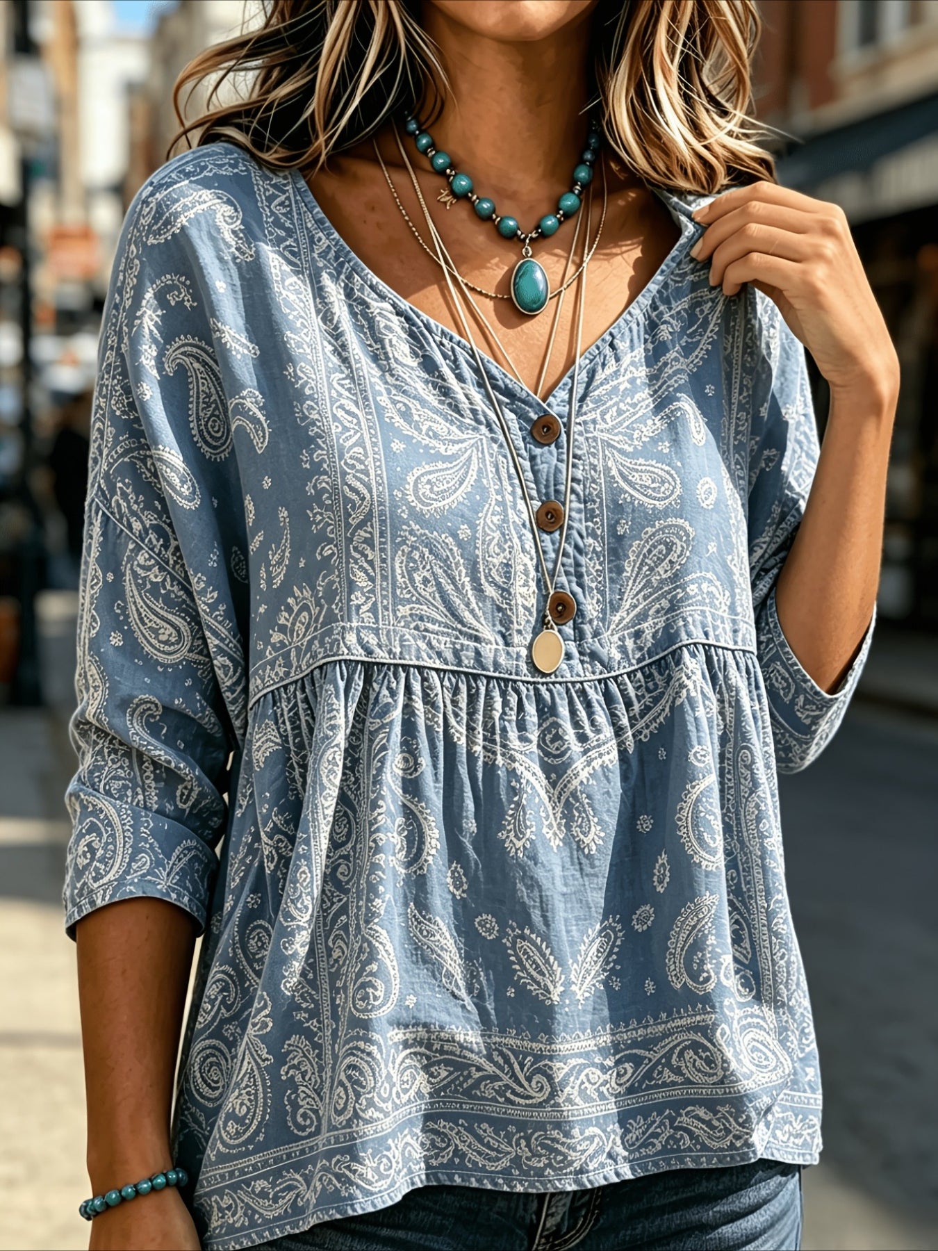Floral Print 3/4 Sleeve V-Neck Three-Button Front Babydoll Blouse