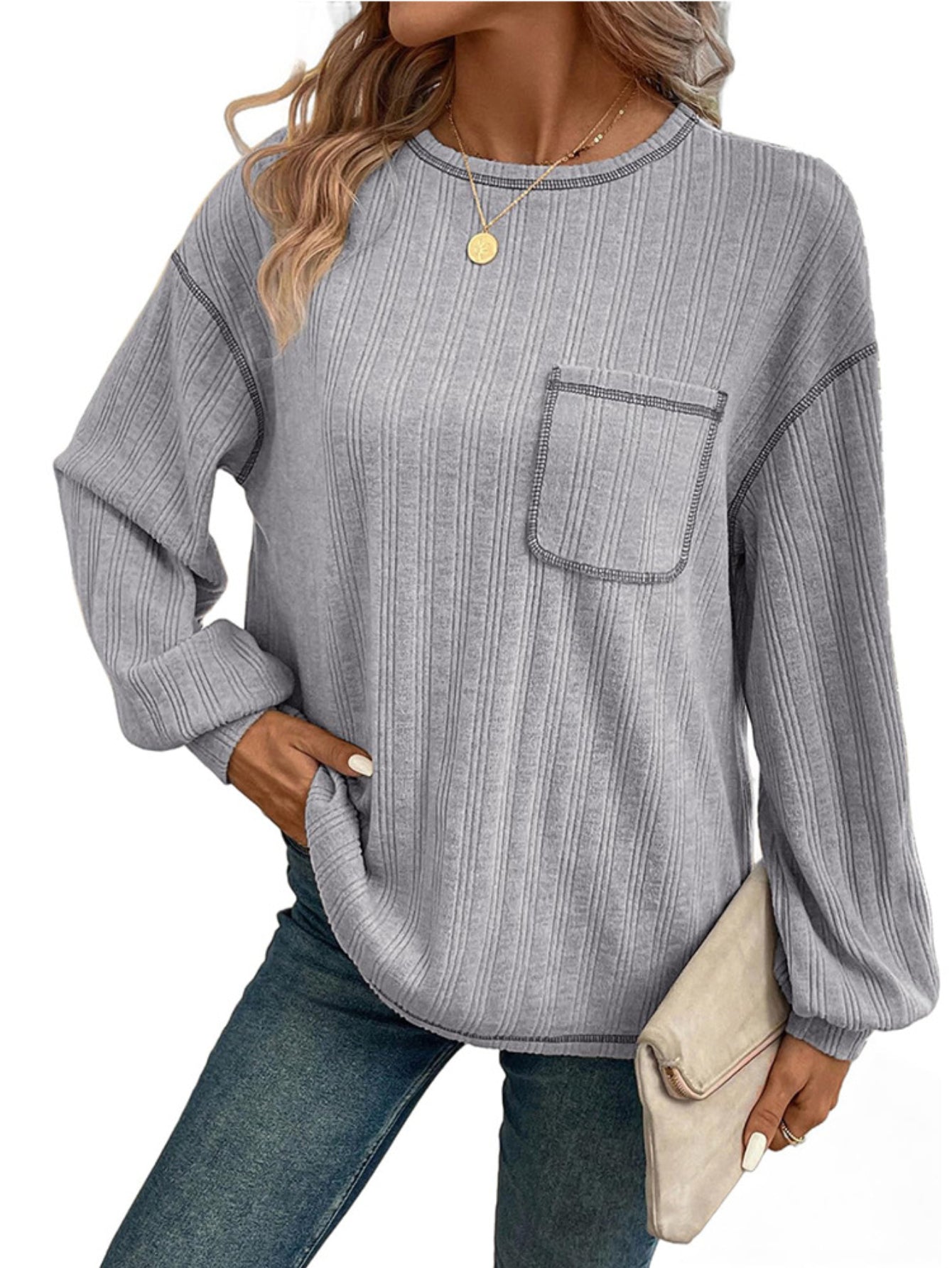 Long Sleeve Shirts Solid Crewneck Knitted Loose Fit Pullover Shirts Tops
