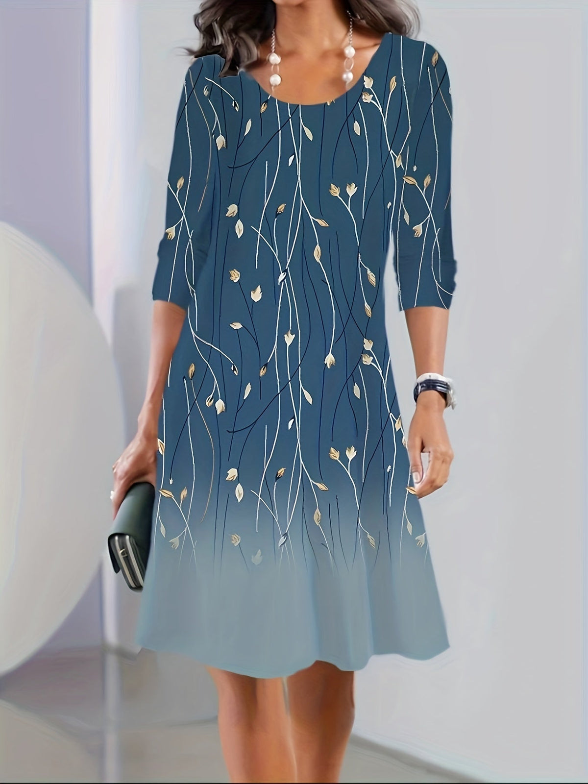 Graphic Print Long Sleeve Dress, Casual Crew Neck Midi Dress