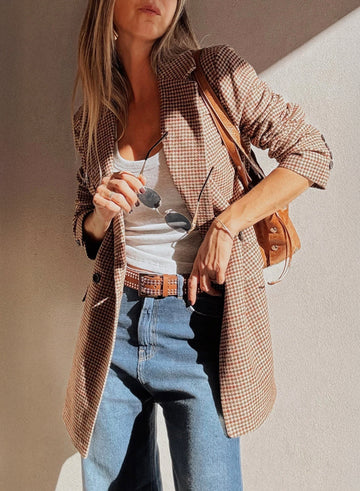 Brown Houndstooth Lapel Collar Blazer