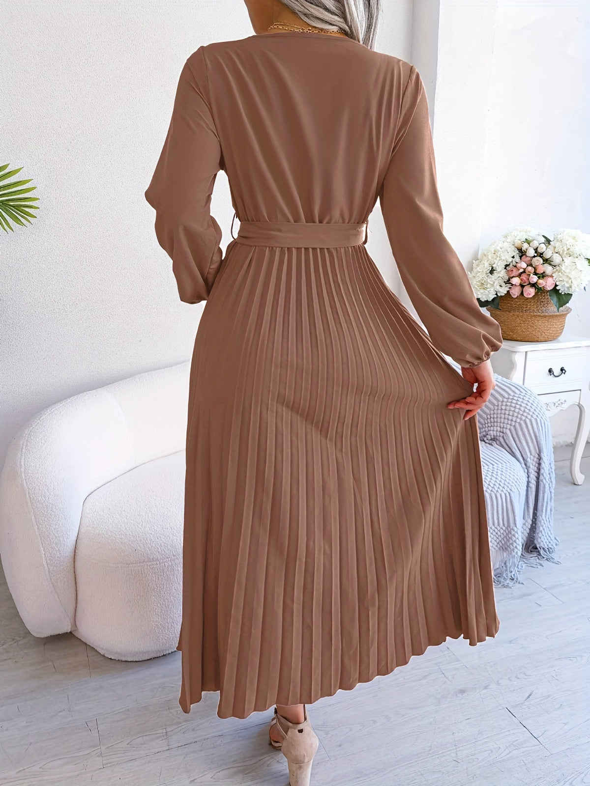 Pleated Surplice Neck Dress, Elegant Long Sleeve Solid Dress, Women's Clothing