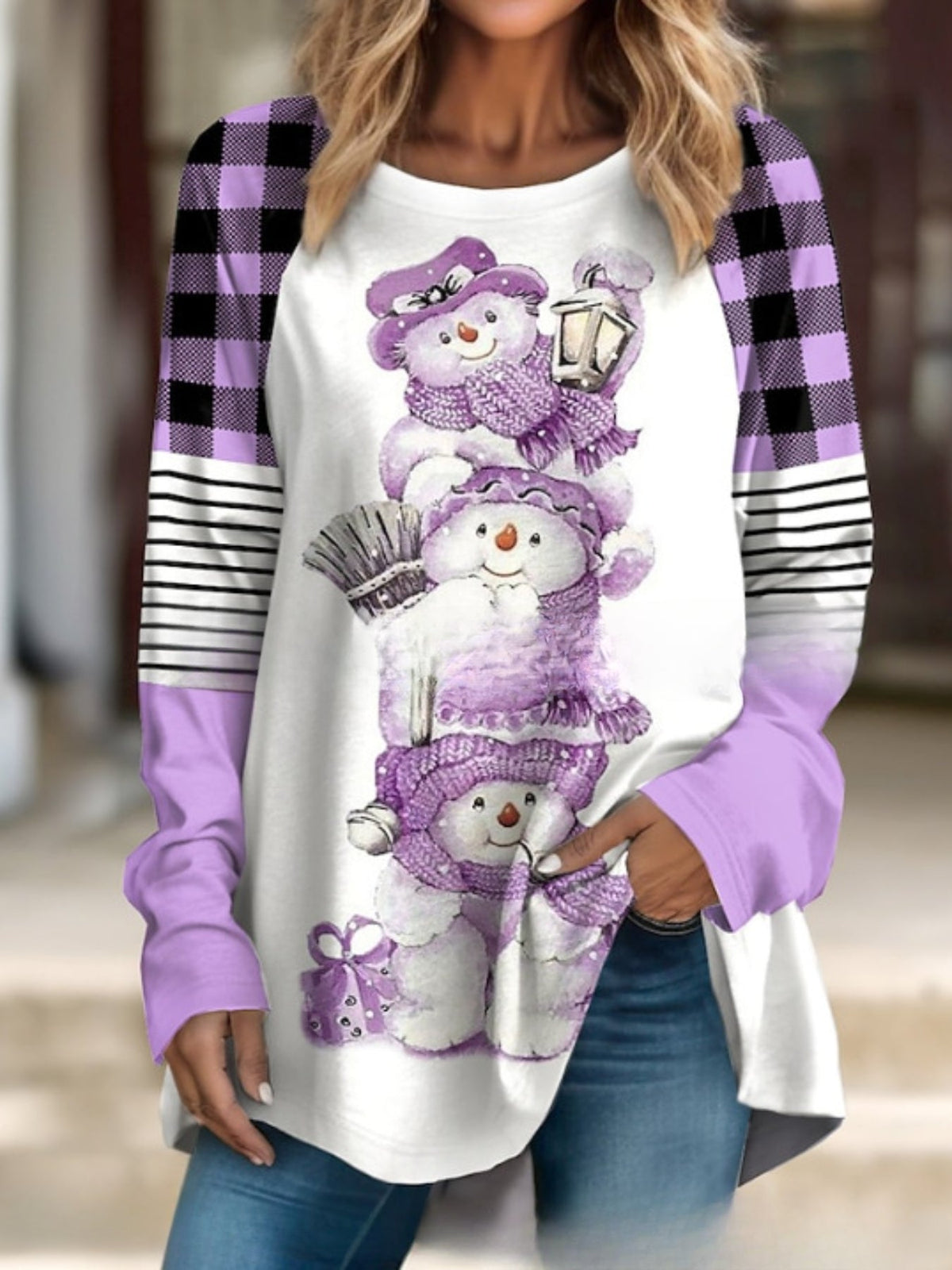 Casual T-shirt, Women's Colorblock Gingham & Stripe & Bear Print Long Sleeve Round Neck Tunic Top