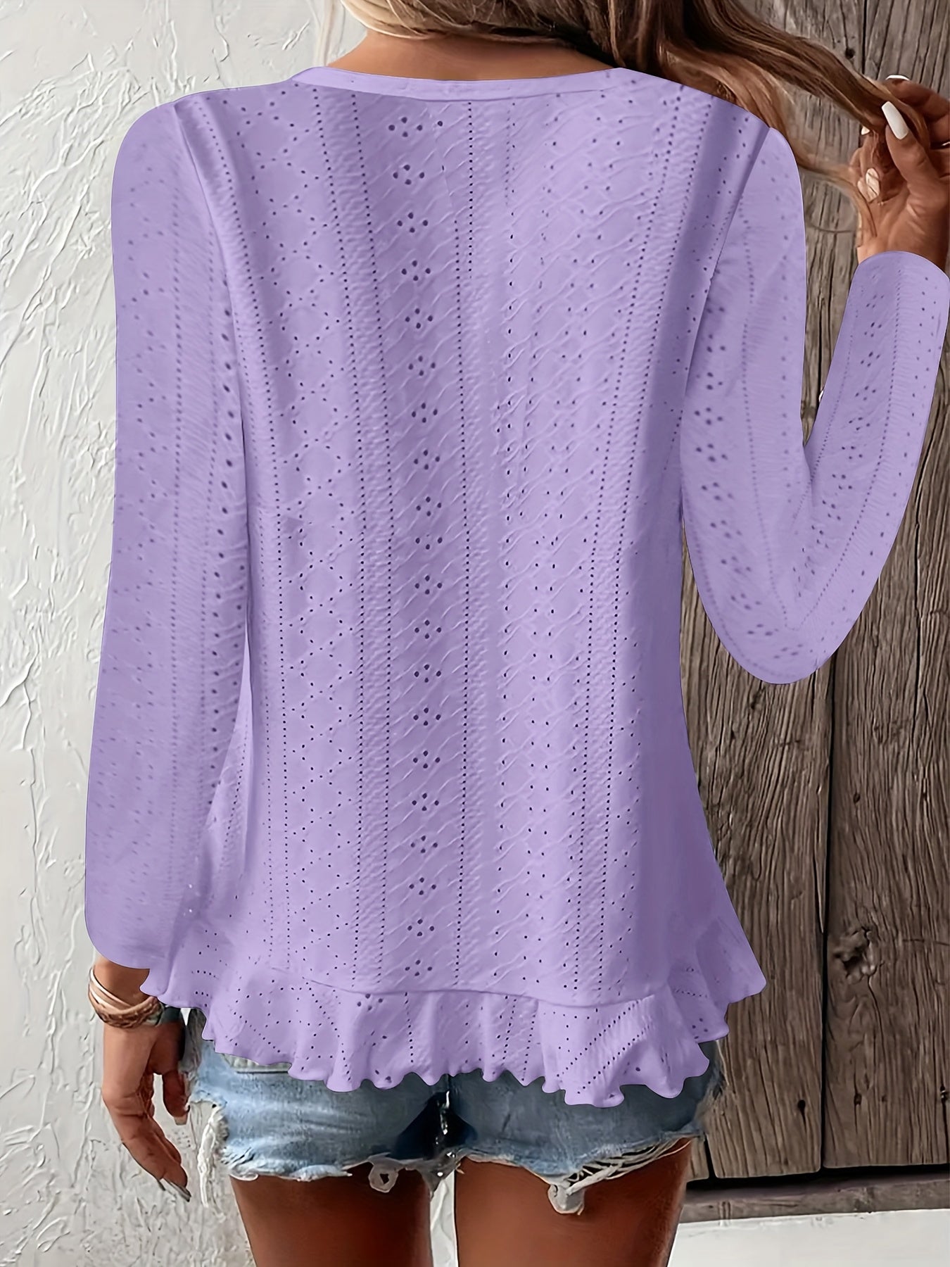 Stylish Asymmetrical Ruffle Hem Long Sleeve Top - Elegant Embroidered Solid Clothing