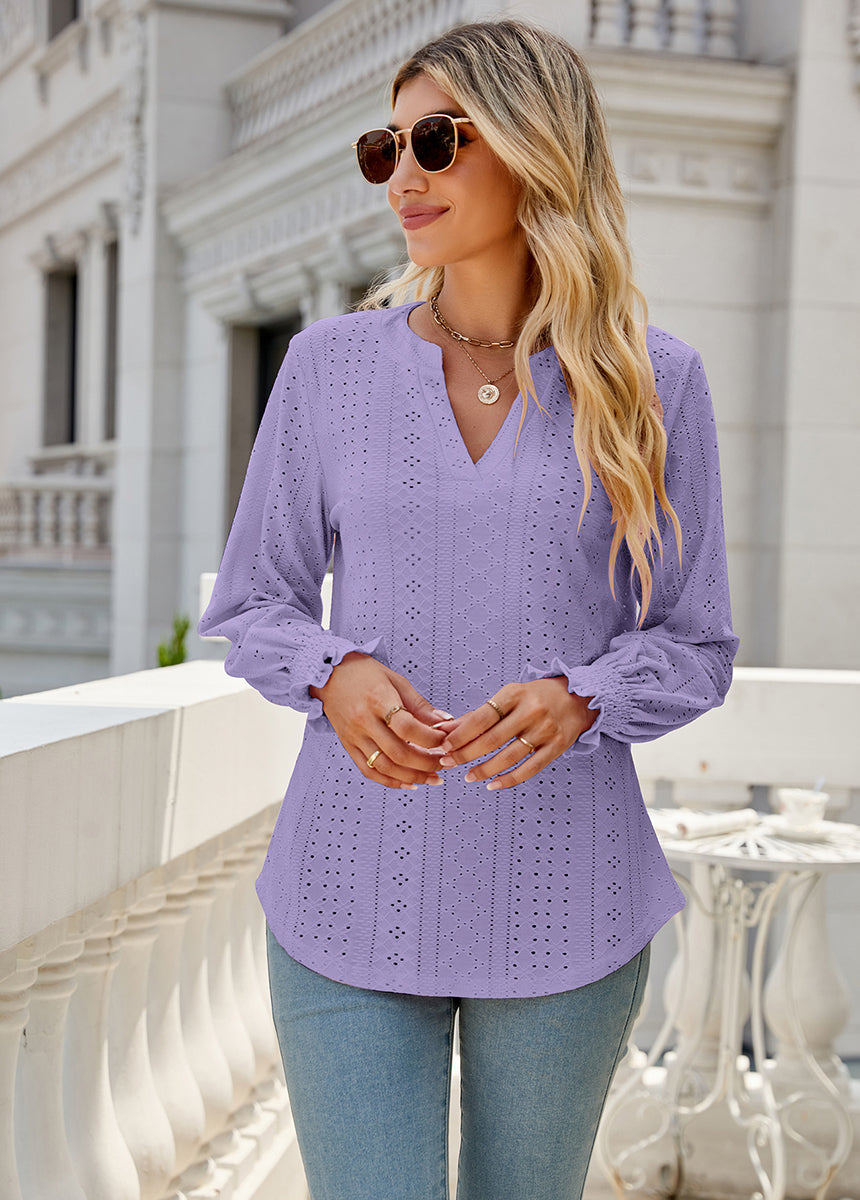 Solid Color Hollow Pleated Ruffle Sleeve V-Neck Loose Long Sleeve Top