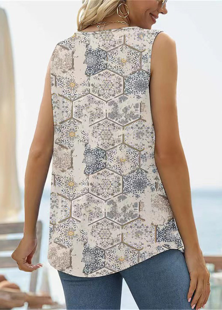 Printed Tank Top T-Shirt, Sleeveless Square Collar